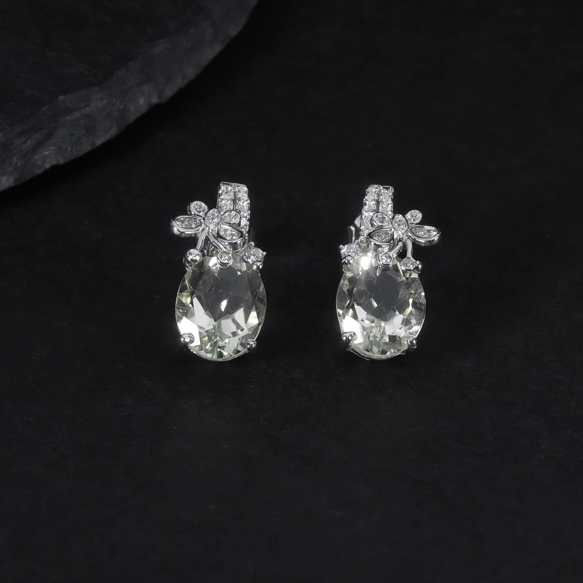 ArtistA Abiding High Grade Green Amethyst Gemstone White Cz Butterfly 925 Sterling Silver Earrings Ring Jewelry Set for Girlfriends