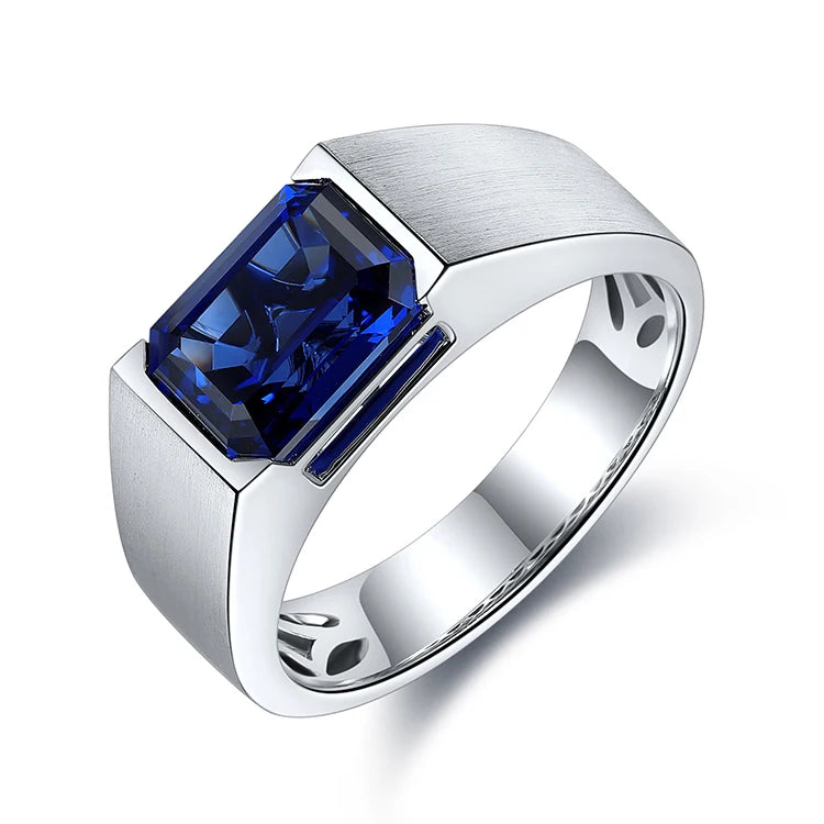 Gemfiori 925 Sterling Silver Man Ring 3.51ct Lab Grown Blue Sapphire Stone Emerald Cut Mens Ring
