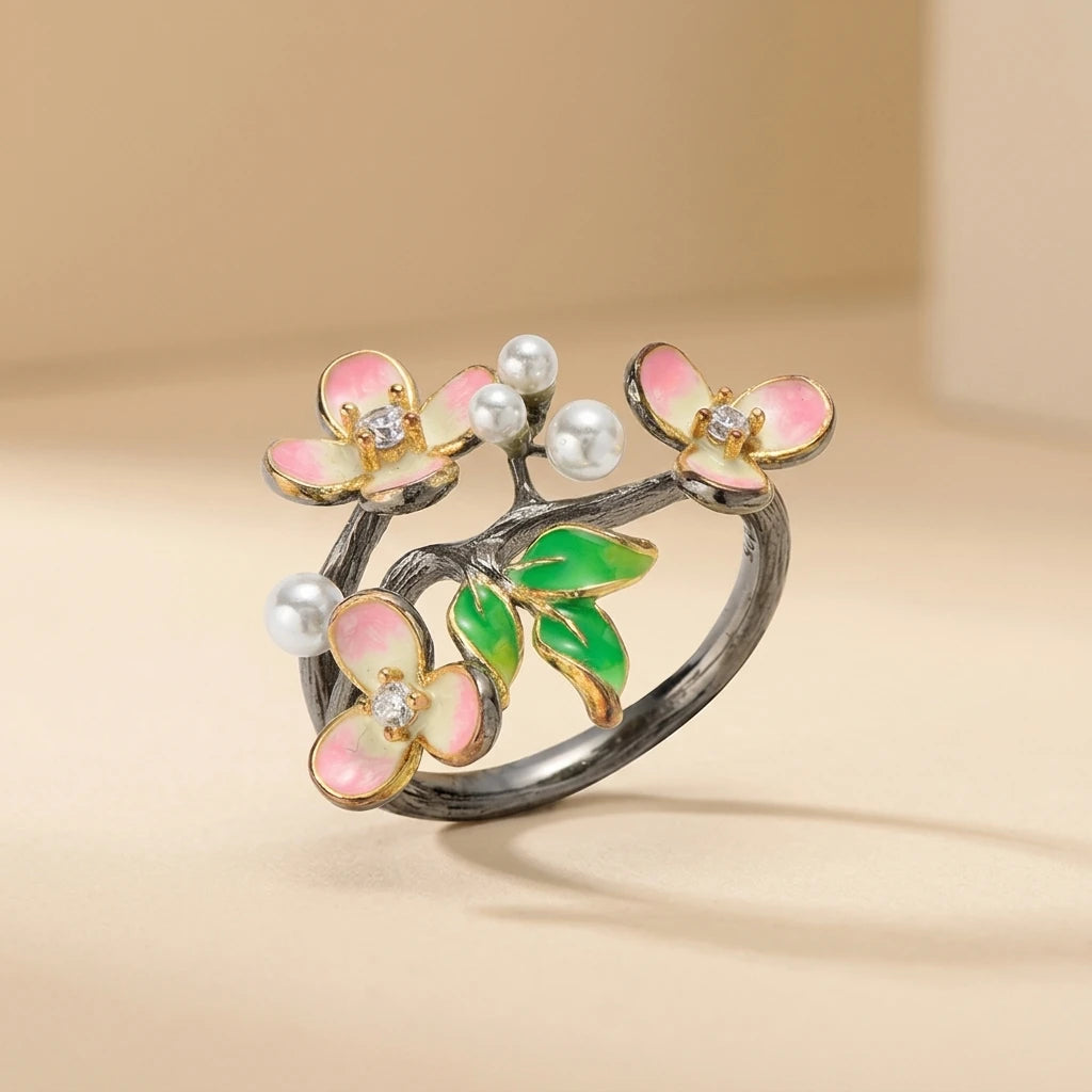 New Style Handmade Design Enamel Jewelry Women Flower Shape Luxury 925 Sterling Silver Ring