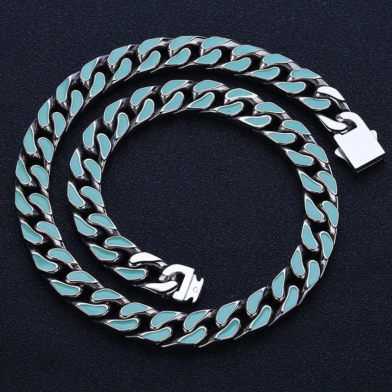 Hip Hop 12mm Colorful Oil Drop Stainless Steel Cuban Chain Niche Necklace Bracelet For Men