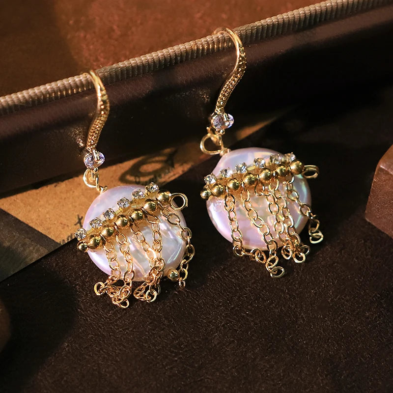Baroque Flat Bead Natural Freshwater Pearl Tassel Earrings 18k Gold Plated Design Ear Hooks Women's Jewelry GE0869
