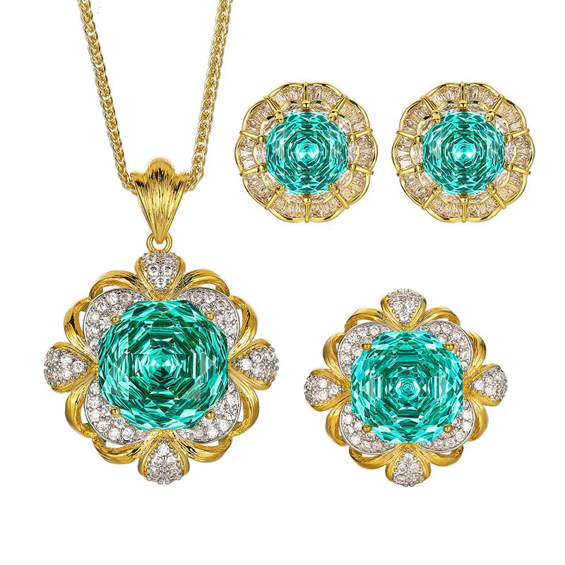 Gemfiori 2025 New Jewelry Brass Gold Plated Simulation Pala Green Retro Light Luxury Set Wedding Bridal Engagement Jewelry