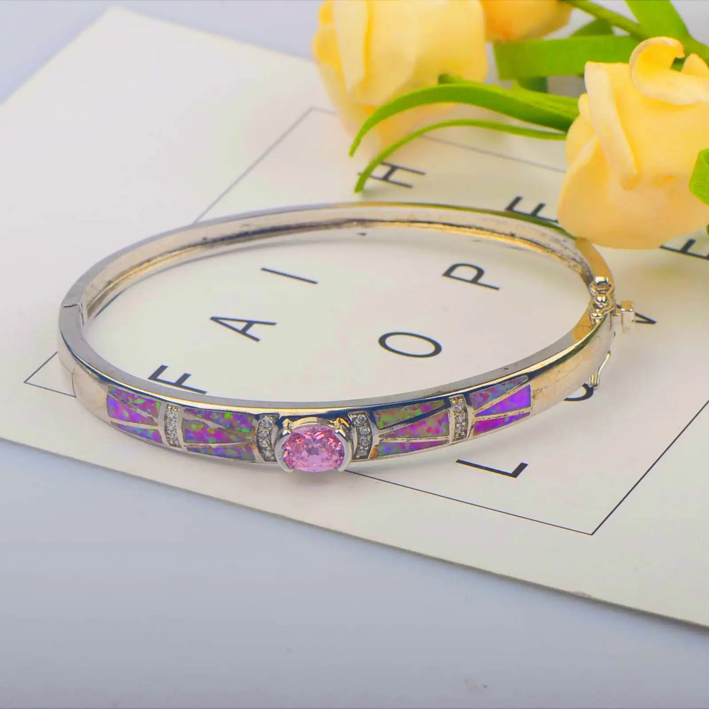 pink  Opal Bangle Aobao Geometric Inlaid Silver Tone Fashion Jewelry