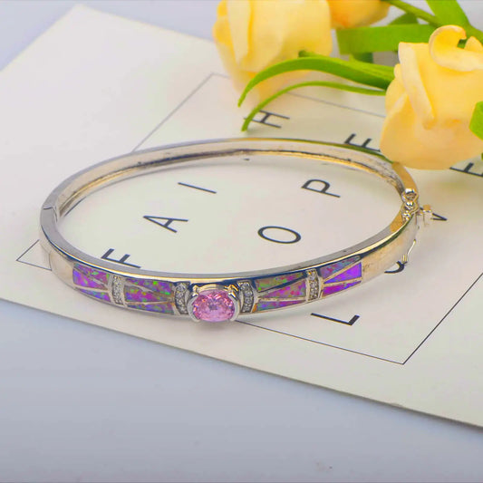 pink  Opal Bangle Aobao Geometric Inlaid Silver Tone Fashion Jewelry