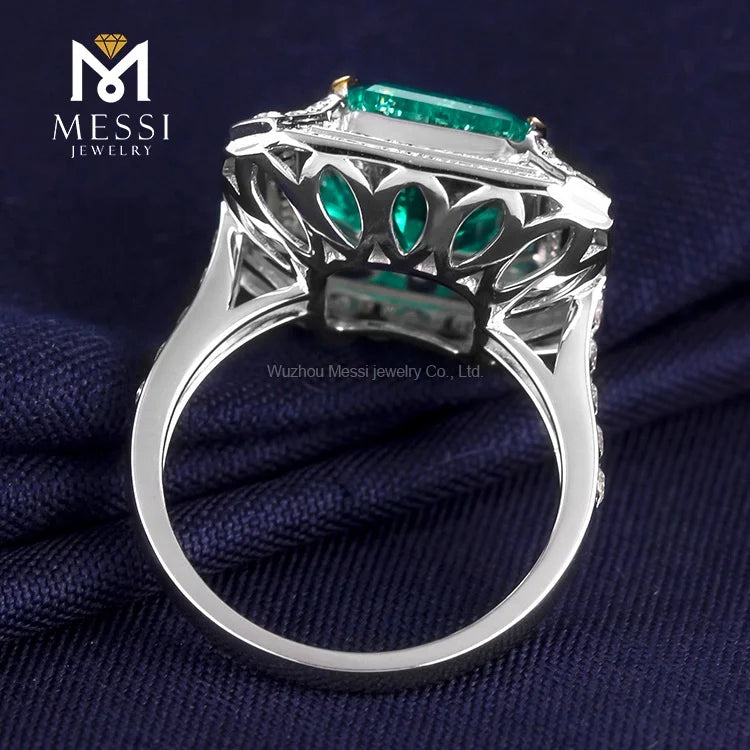 Gemfiori Messi Jewelry MSR-251 Luxury Design Emerald Ring for Woman 14k 18k Gold Wedding Engagement Ring Double halo Moissanite Ring