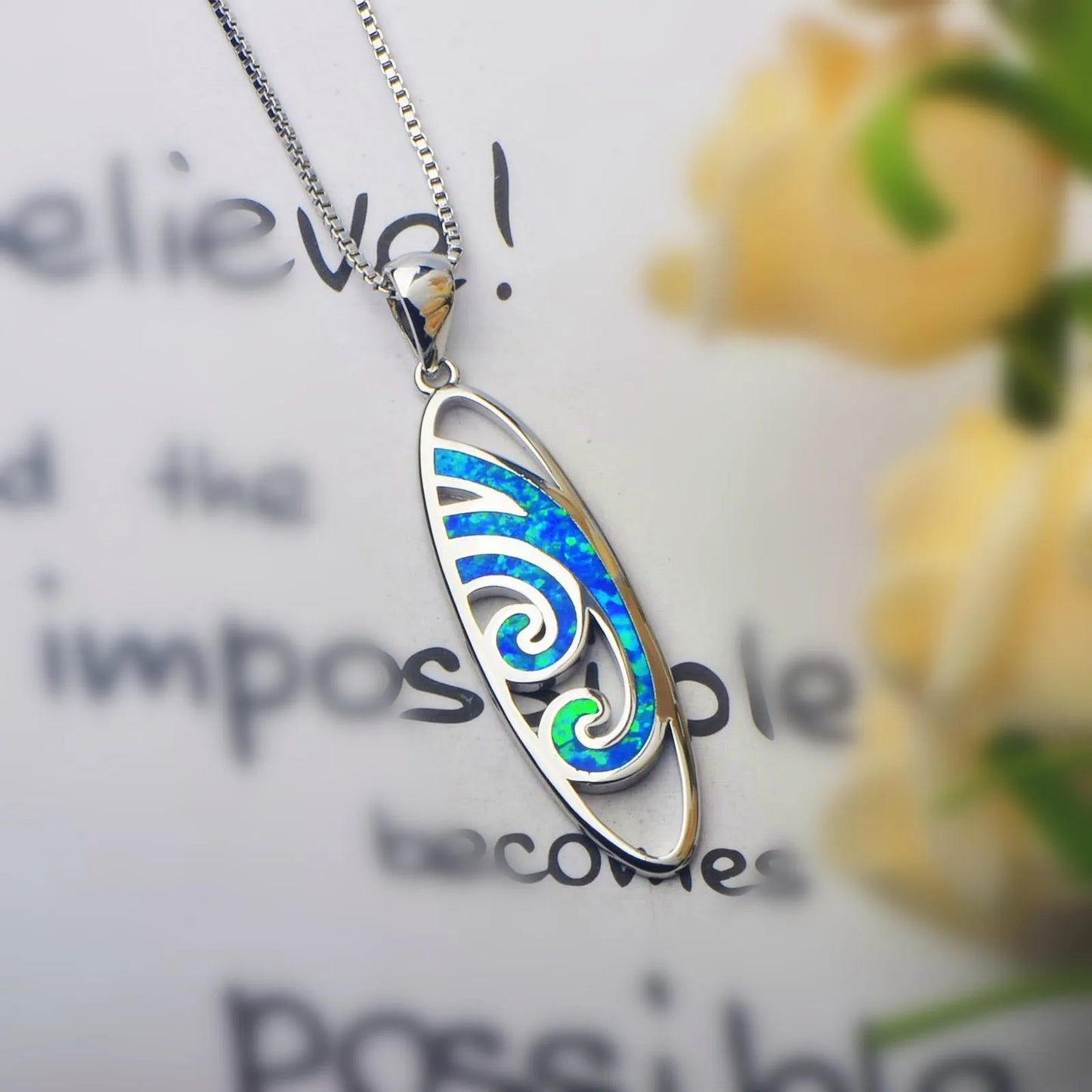 TikTok Viral Wave Opal Copper Box Chain Christian Lariat Necklace | Blue Ocean-Inspired Jewelry-Ins Trendy Bulk Supply