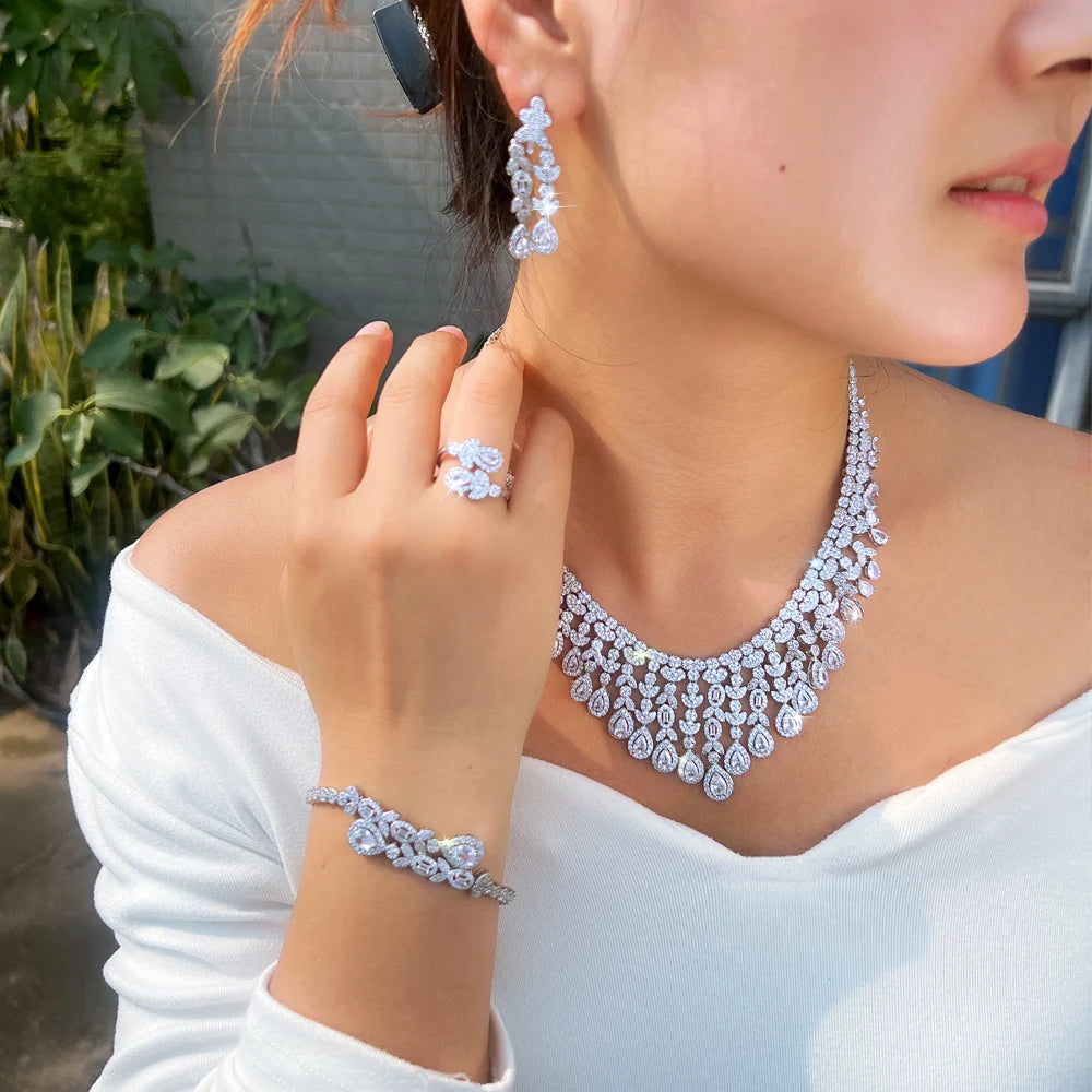 Silver Plated Cubic Zirconia Nigerian Wedding Bridal Long Leaf Tassel Jewelry Set Ring Necklace Earrings Bracelet for Brides