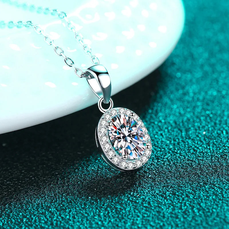 Fine Jewelry 925 Sterling Silver Bezel Set Oval Cut 3 Carat Colorful Moissanite Diamond Halo Pendant Necklaces Women