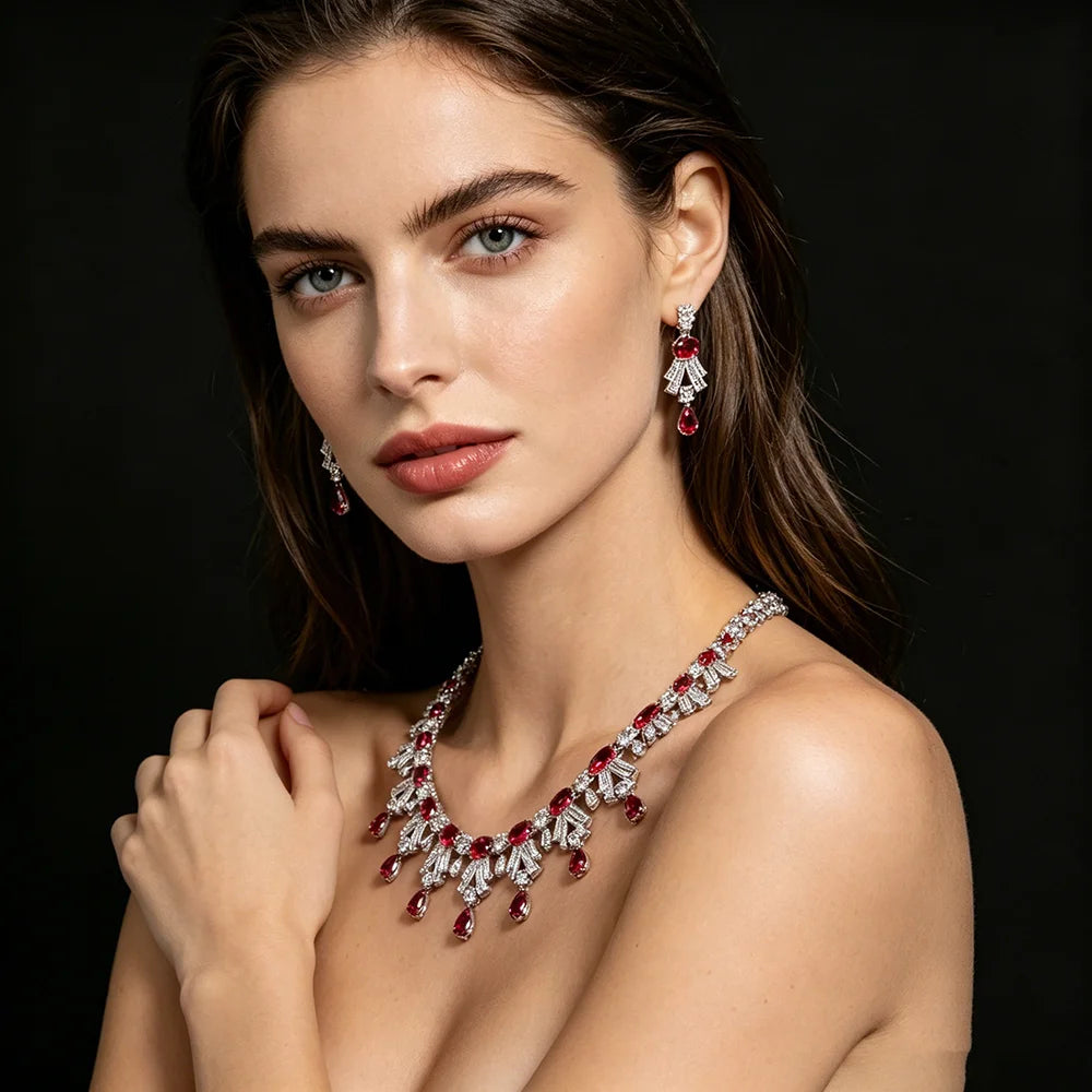 XM S314 Oval Cut Zircon Art Deco Statement Necklace & Drop Earrings Set