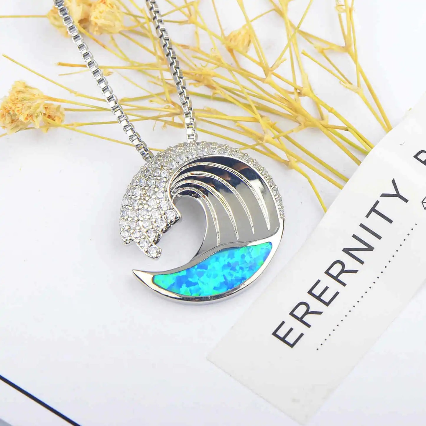 Aobao Trendy Christian Ins-style Hawaiian Blue Opal Wave Necklace Silver Plated Sweater Chain Pendant