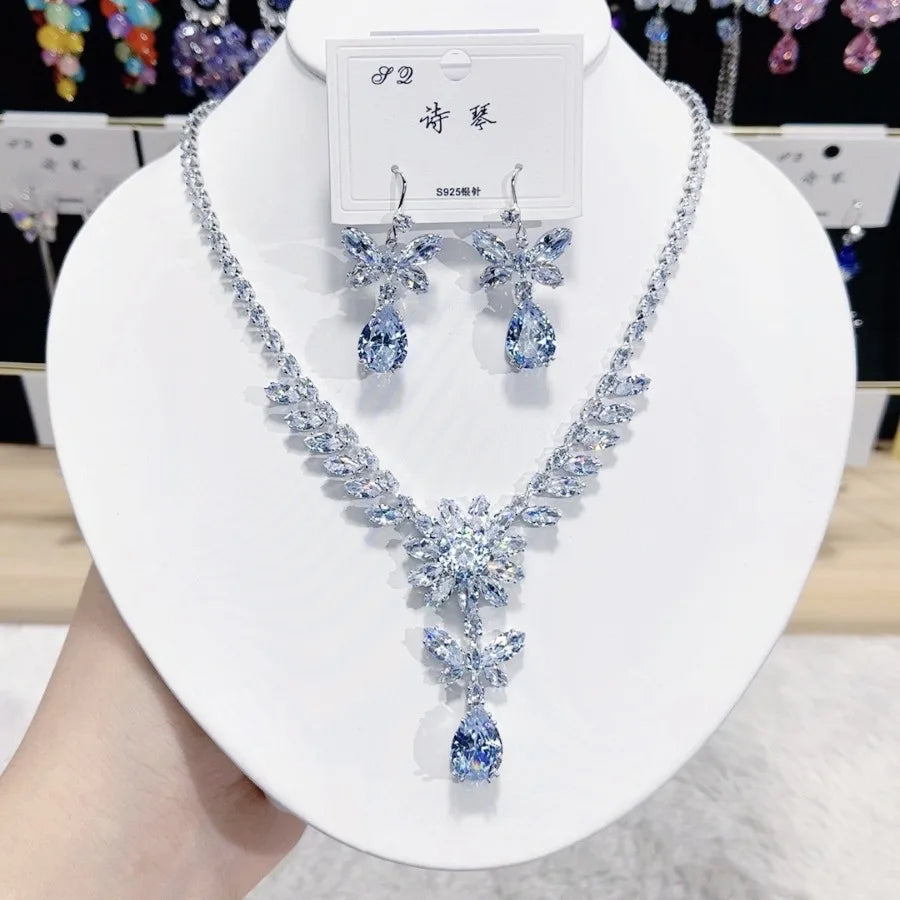 K065 Wholesale Women Trendy Luxury Butterfly and Flower Zircon Bridal Necklace Earrings Set Wedding Elegant Jewelry Set