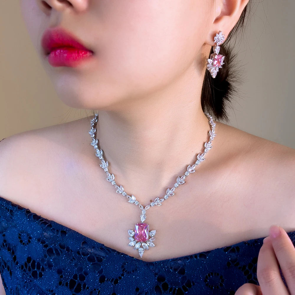 Beautifully Pink Shiny Cubic Zircon Wedding Necklace and Earring Bridal Jewelry Set for Women Bridesmaids Prom Accessories