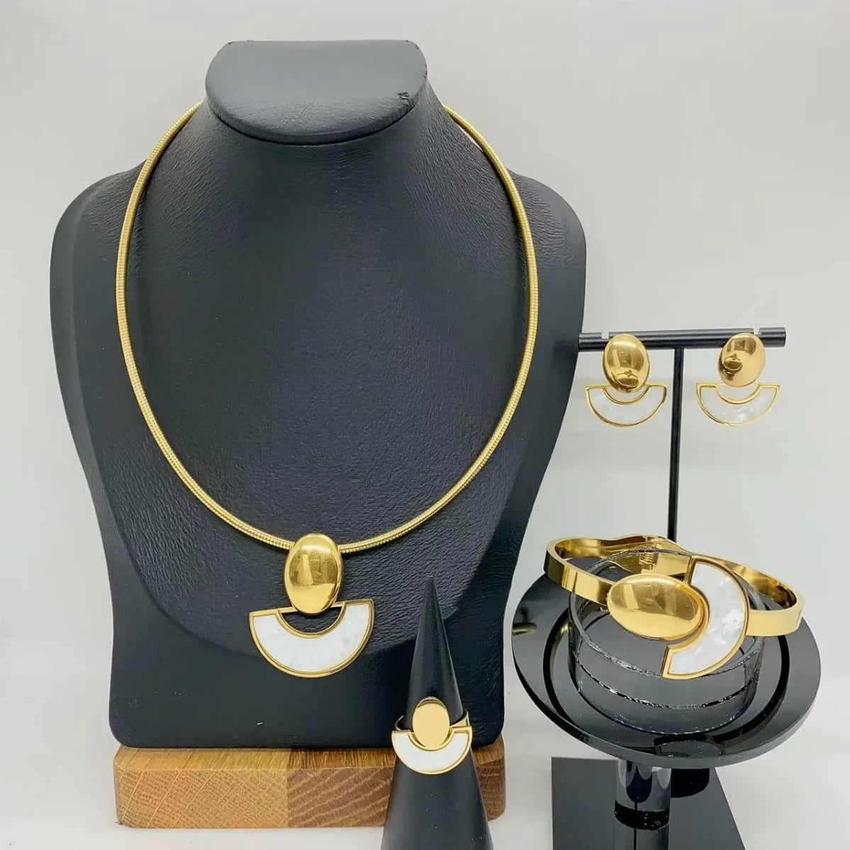 Pearl Choker & Enamel Oil Drop Earrings Jewellery Set | Half-Circle Stainless Steel Fashion Set