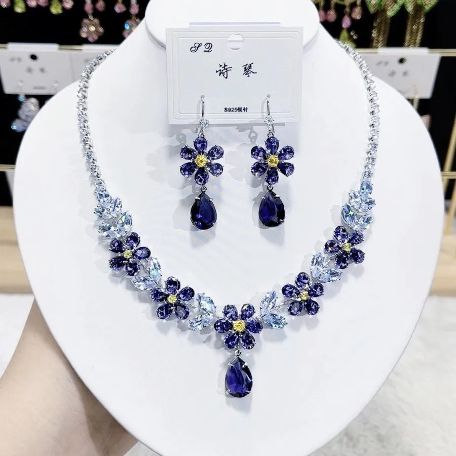 K087 Hot Selling Women Trendy Luxury Bridal Flower Blue Zircon Necklace Earrings Set Wedding Elegant Jewelry Set