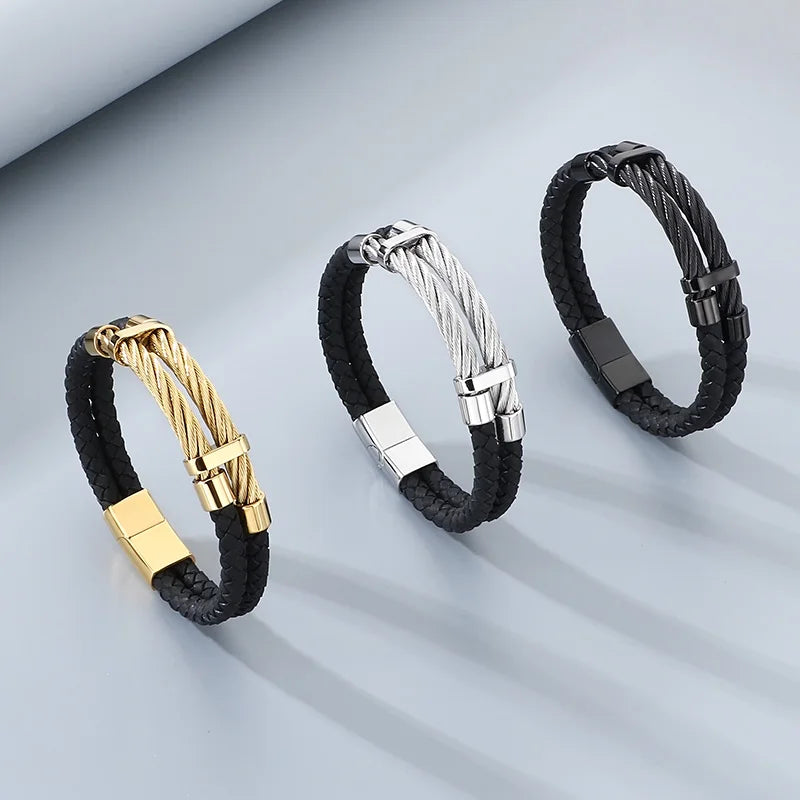 REBEL Trendy Original Unisex Leather Stainless Steel Jewelry Bangle Bracelet