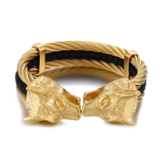 KALEN Mens Punk Silver/Gold/Black/Grey Stainless Steel&Double Skin Wolf Head Cuff Bangle Bracelet