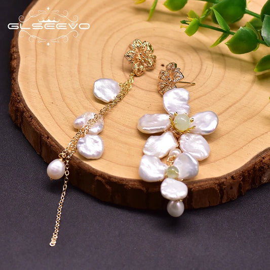 Natural Fresh Water Pearl Asymmetric Drop Earrings for Women Flower Long Tassel Statement Earrings