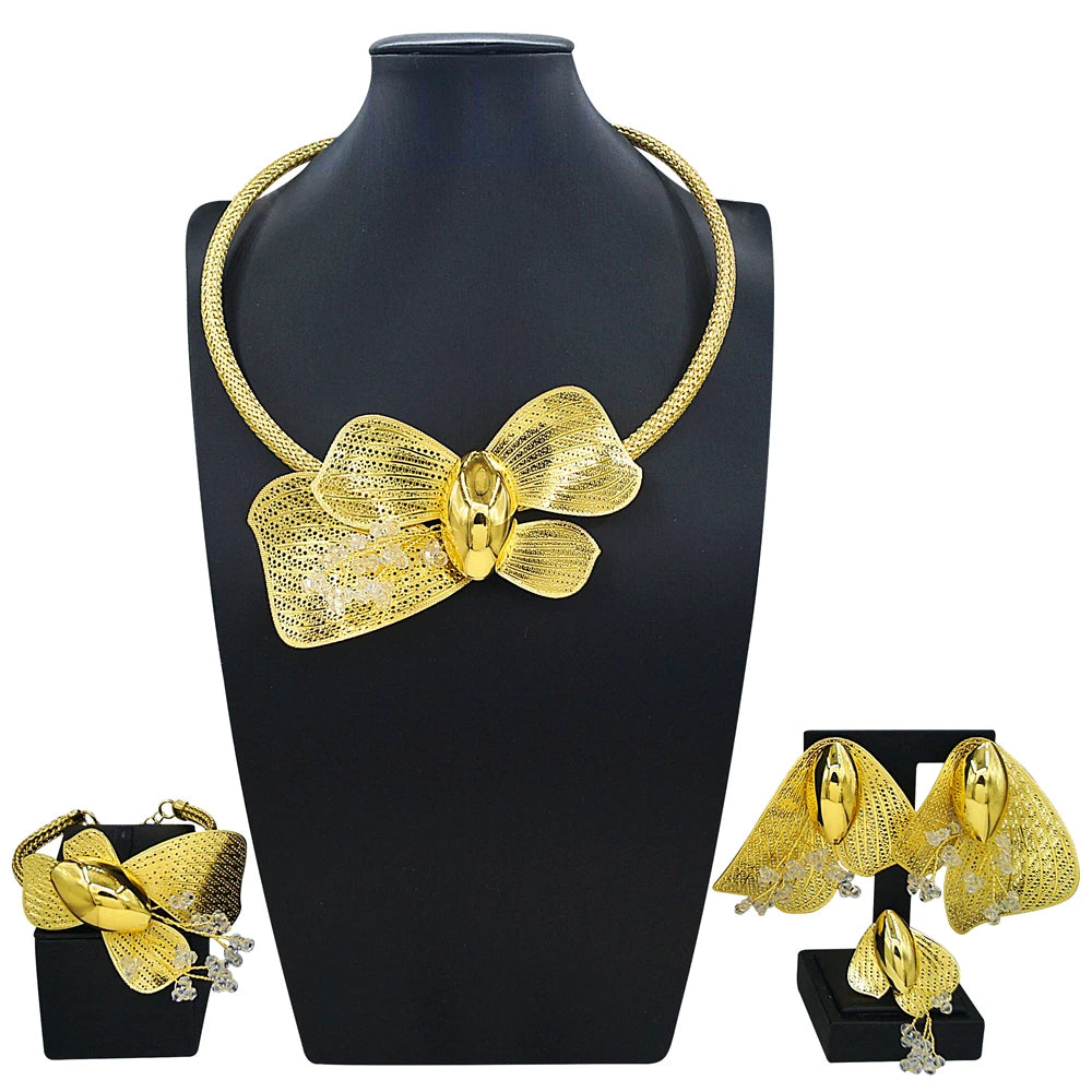 Zhuerrui Luxury Gold Plated Bow Knot Jewelry Set Rhinestones for Women Necklace Earrings Bracelet Ring Party Accessories MY20935