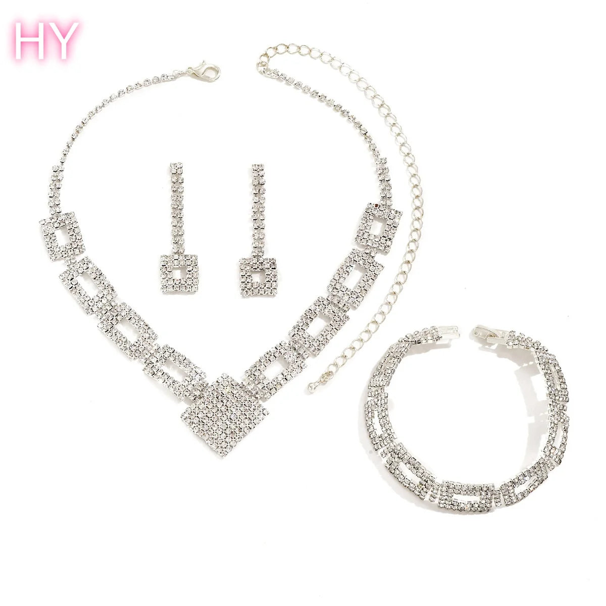 HY   New Luxury Full Diamond Rhinestone Crystal Jewelry Set for Women Trendy Square Earrings Necklace Bracelet Link Wedding