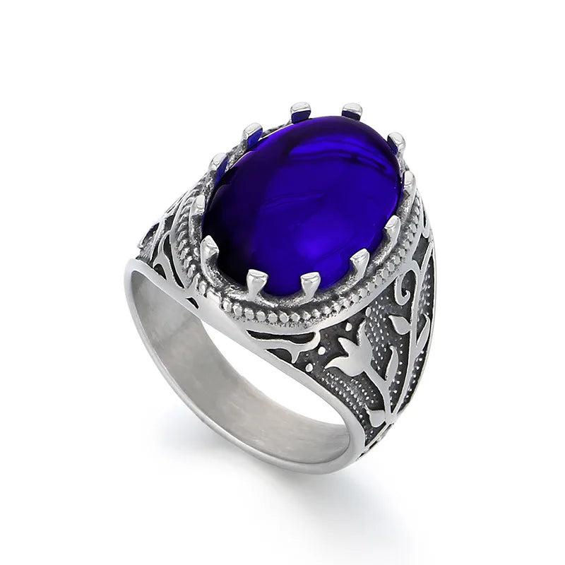 Kalen Vintage Viking Jewelry Luxury Court Style Gemstone Carved Zircon Inlays Stainless Steel Men Rings