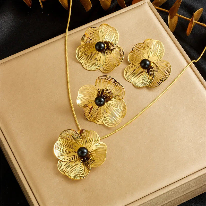 Gold Flower Necklace, Earrings & Ring Jewellery Set | Black & White Luxury Fashion Set