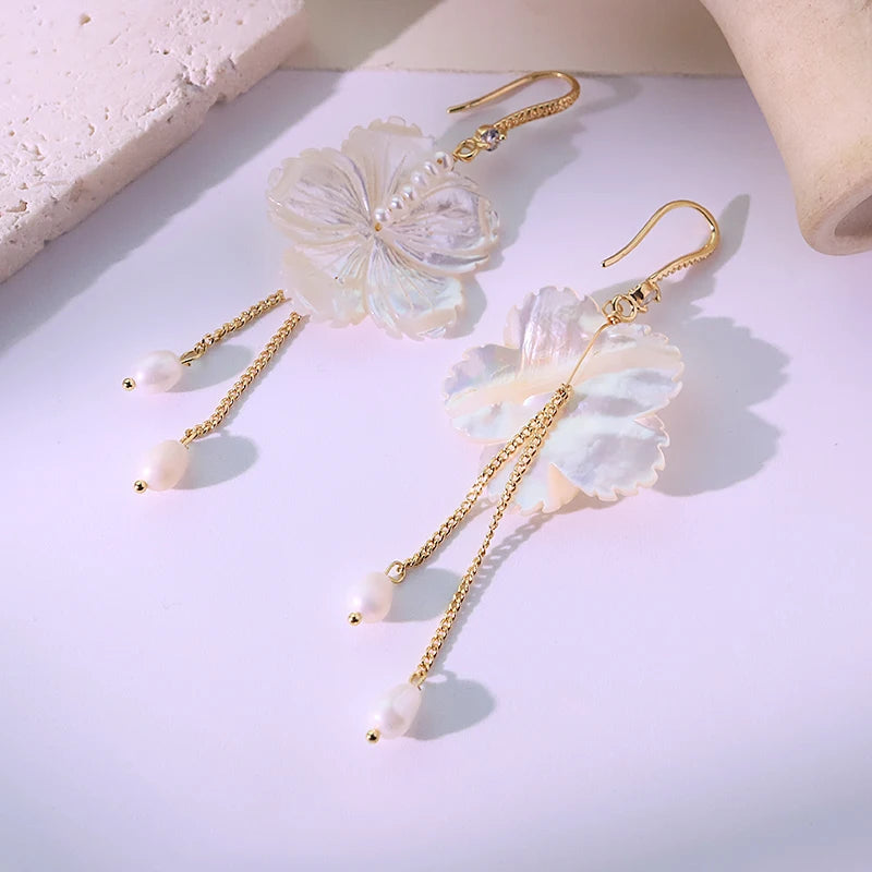 Natural Freshwater Pearl Shell Flower Chain Earrings Handmade Design Earrings Gift Banquet Women's Jewelry GE1806