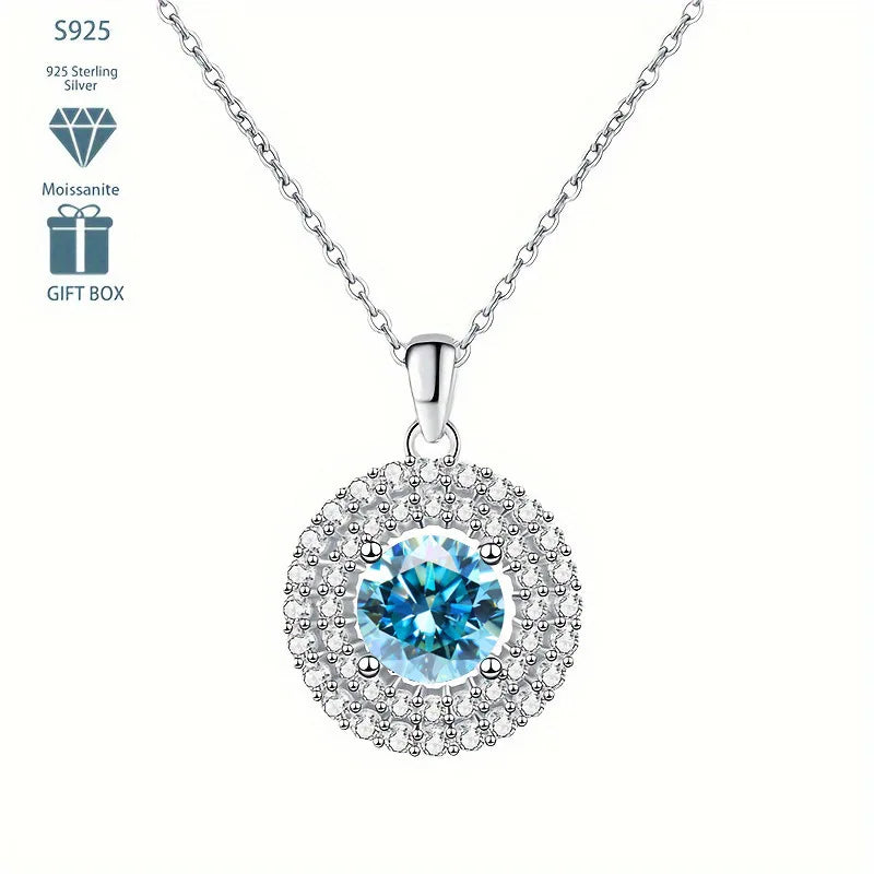 Dainty Double Halo Set Round Cut 1ct VVS GRA Colored Moissanite Jewelry Trendy 925 Sterling Silver Disc Pendant Necklace