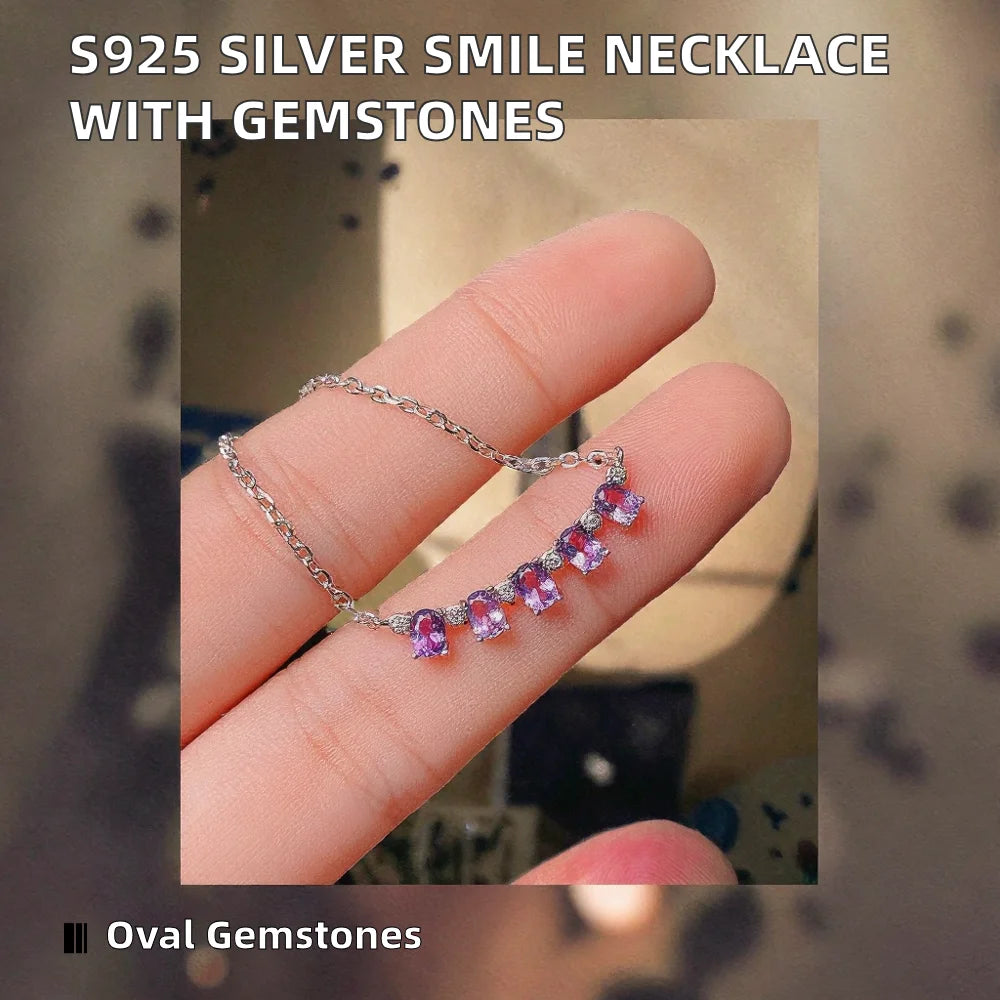 Gioiellieri Trendy S925 Sterling Silver Smile Necklace 3x4mm Oval Cut Amethyst Sapphire Tourmaline Gemstone Rhodium Plated Engagement Party