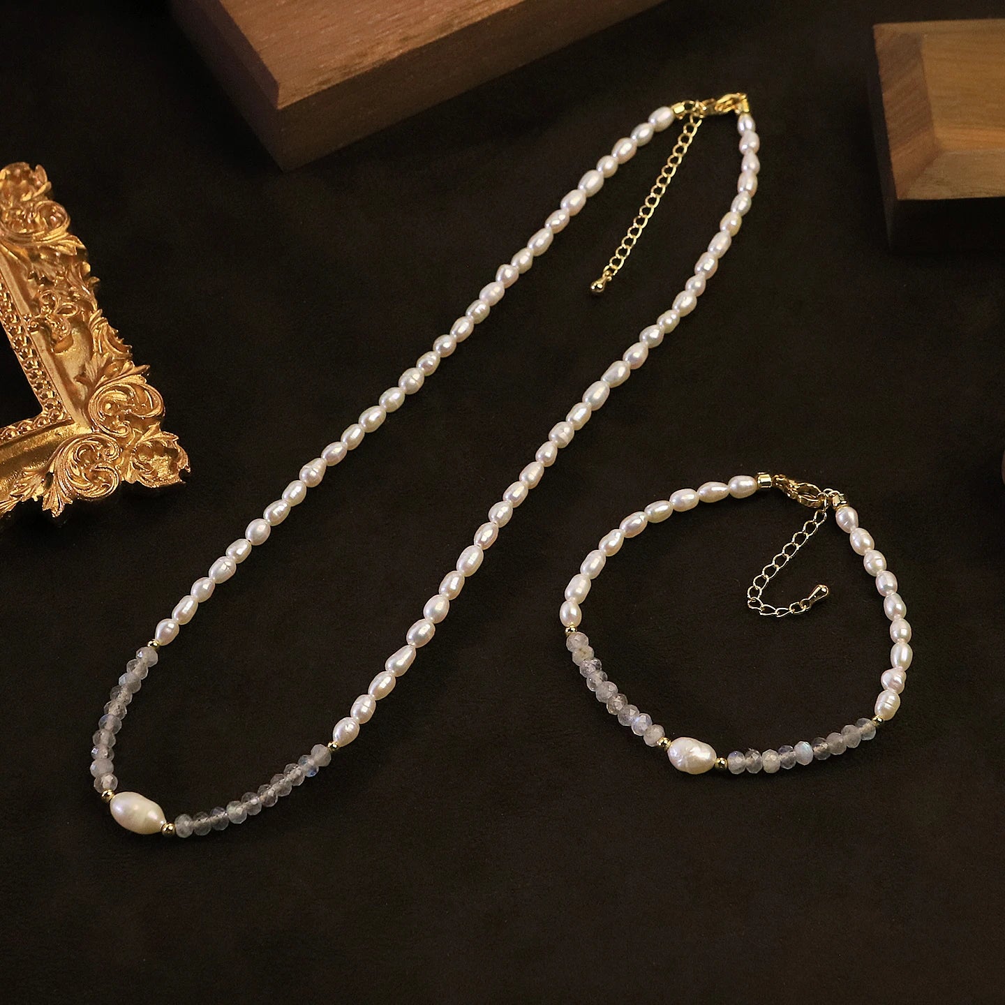 GLSEEVO Natural Freshwater Pearl & Moonstone Necklace & Bracelet Set — Minimalist Bridal Jewellery