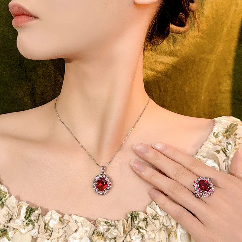 REDheart Red Corundum Pointed Pigeon Egg Fashion Pendant Necklace Set Brass Zircon Flake Blue Zircon Opening Ring Wedding 18K Gold Plated