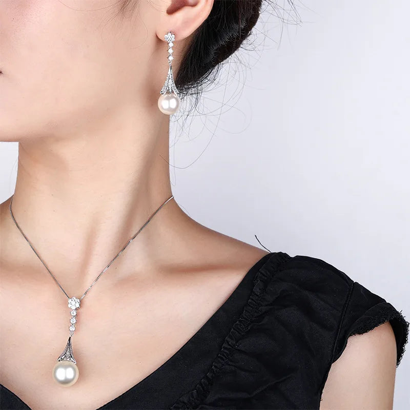 Gemfiori Korean Luxury High-end Pearl Pendant Earring Set with Fashionable and Minimalist Style