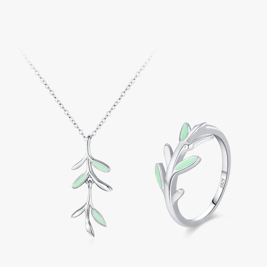 Ailmay 925 Sterling Silver Tree Branch Leaf Enamel Rings Necklace For Fine Female Fashion Jewelry Set