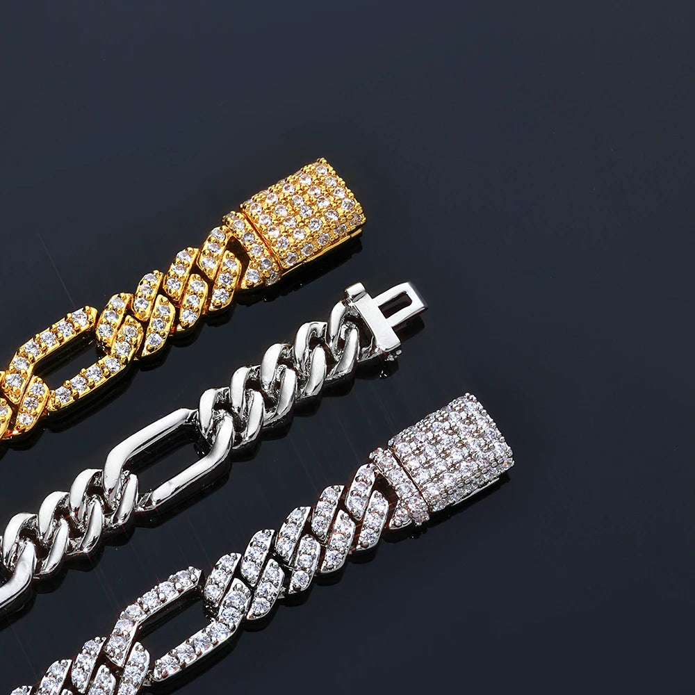 BiG-BOSS NUOYA New Arrival 7mm Figaro Necklace Iced Out Cubic Zirconia Stones Cuban Link Style Hip Hop Chain Jewelry