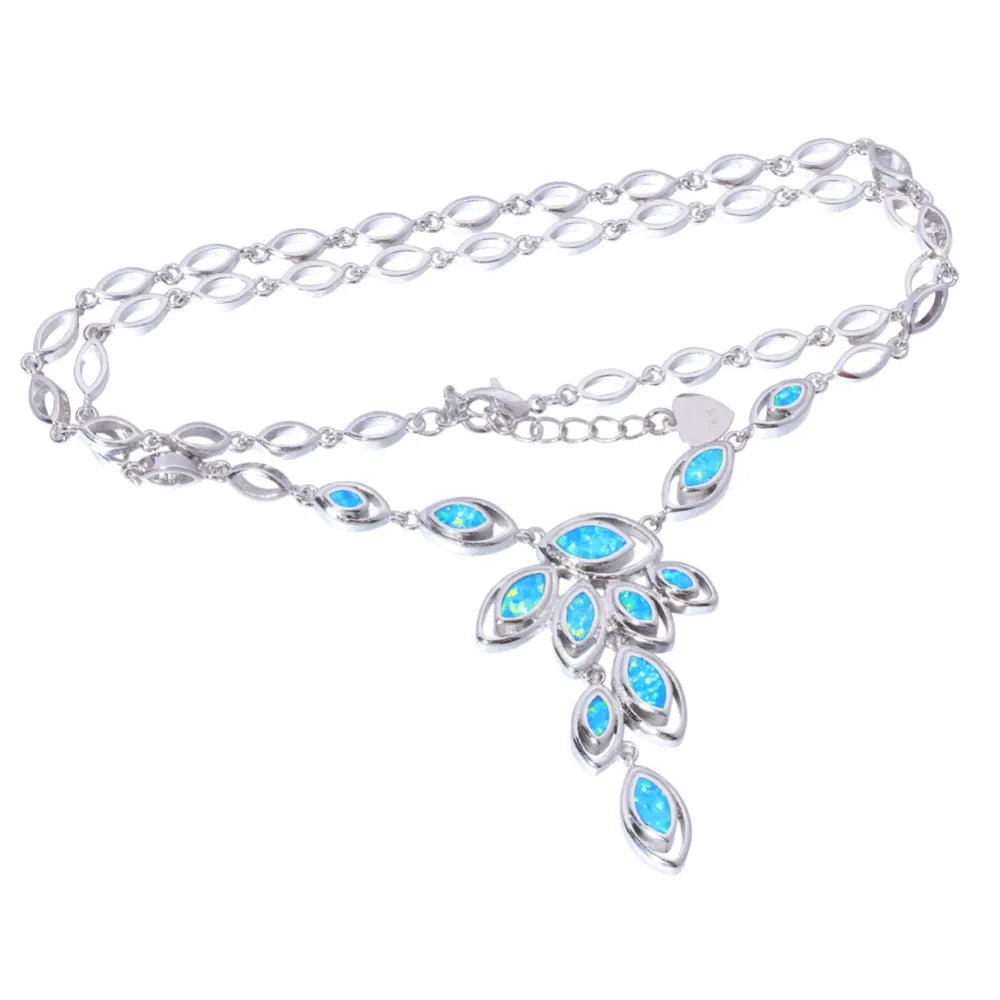 Aobao Silver Plated Copper Alloy Opal Feather Lariat Necklace Minimalist Design for Anniversary & Party Occasions