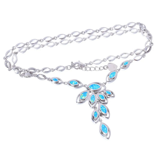 Aobao Silver Plated Copper Alloy Opal Feather Lariat Necklace Minimalist Design for Anniversary & Party Occasions
