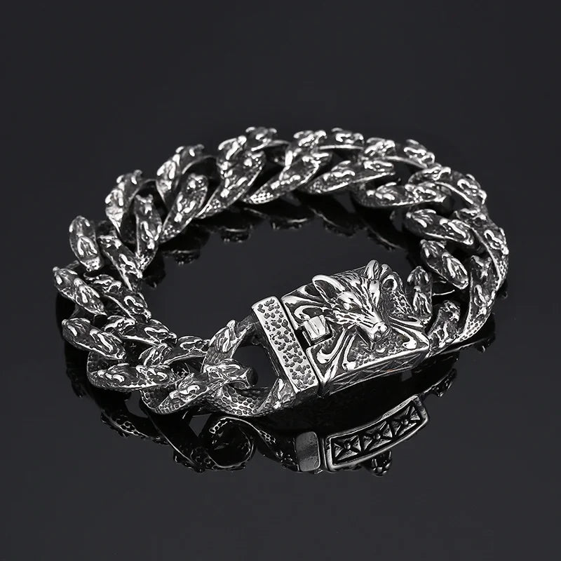 VIKING Mens Punk Wolf Pattern Link Bracelet – Silver Stainless Steel