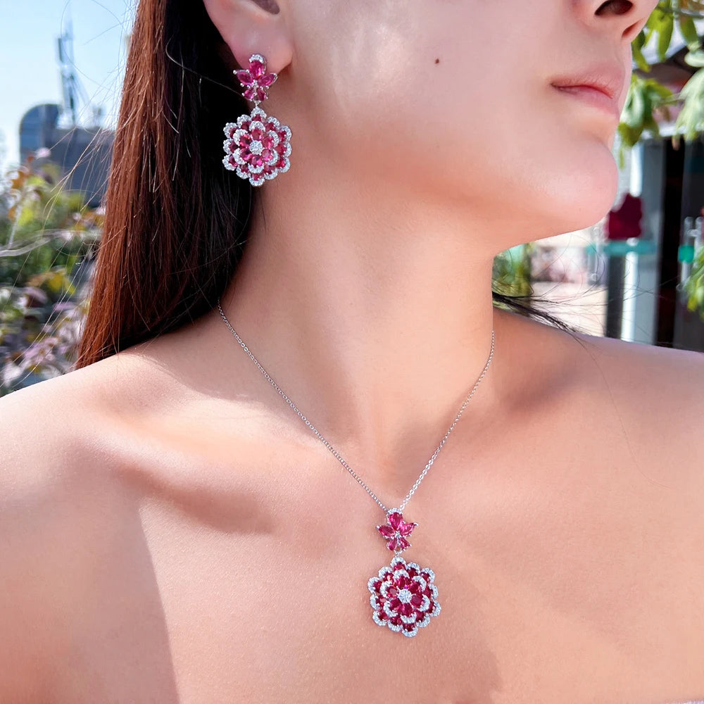 Fashion Indian Styles Red and White Cubic Zirconia Big Flower Earrings and Pendant Necklace Jewelry Set for Women Party Wedding