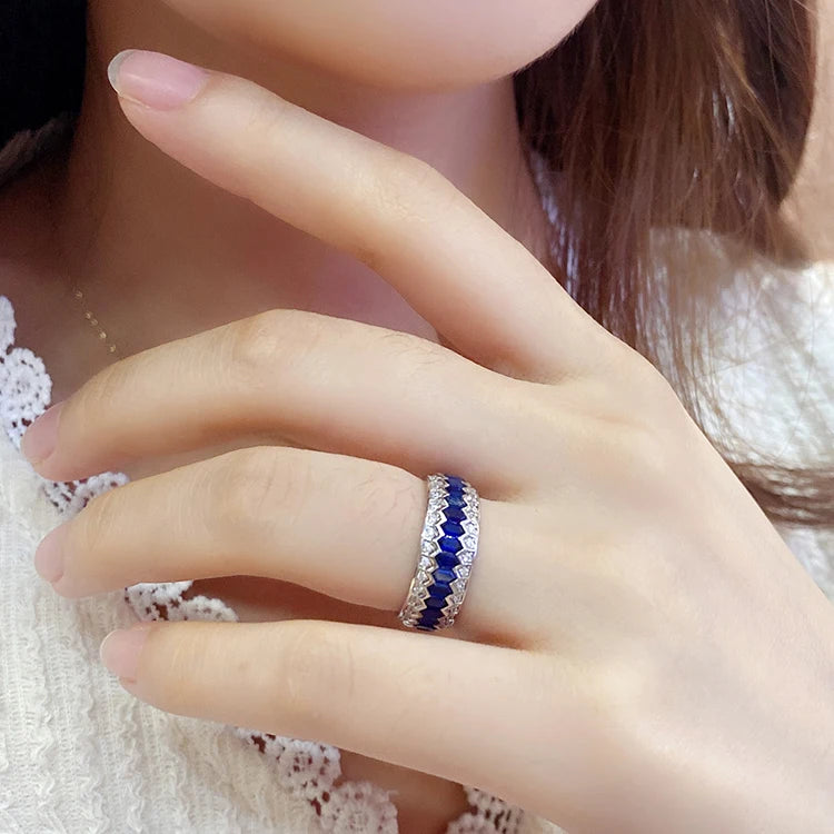 Gemfiori High Quality Royale Jewelry Blue Sapphire Wedding Ring Women Size 4-11 Women Sapphire Ring Mian Stone 1.75*3.5MM