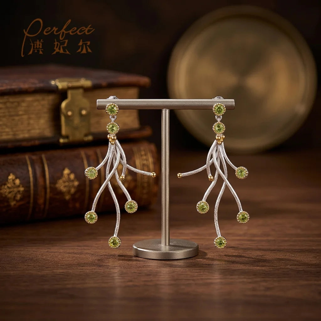 925 Sterling Silver Vintage Engagement Wedding Gift Women's Pendant Earrings with 18K Gold Plated Peridot Stone