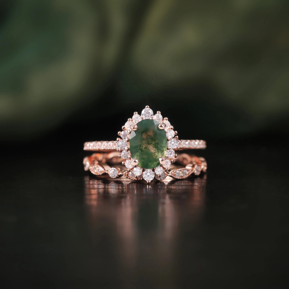 ArtistA Abiding Direct Sale 925 Silver Rose Gold Plated Oval Cut 6x8MM Natural Moss Agate Cz Halo Wedding Ring Set Wedding Band