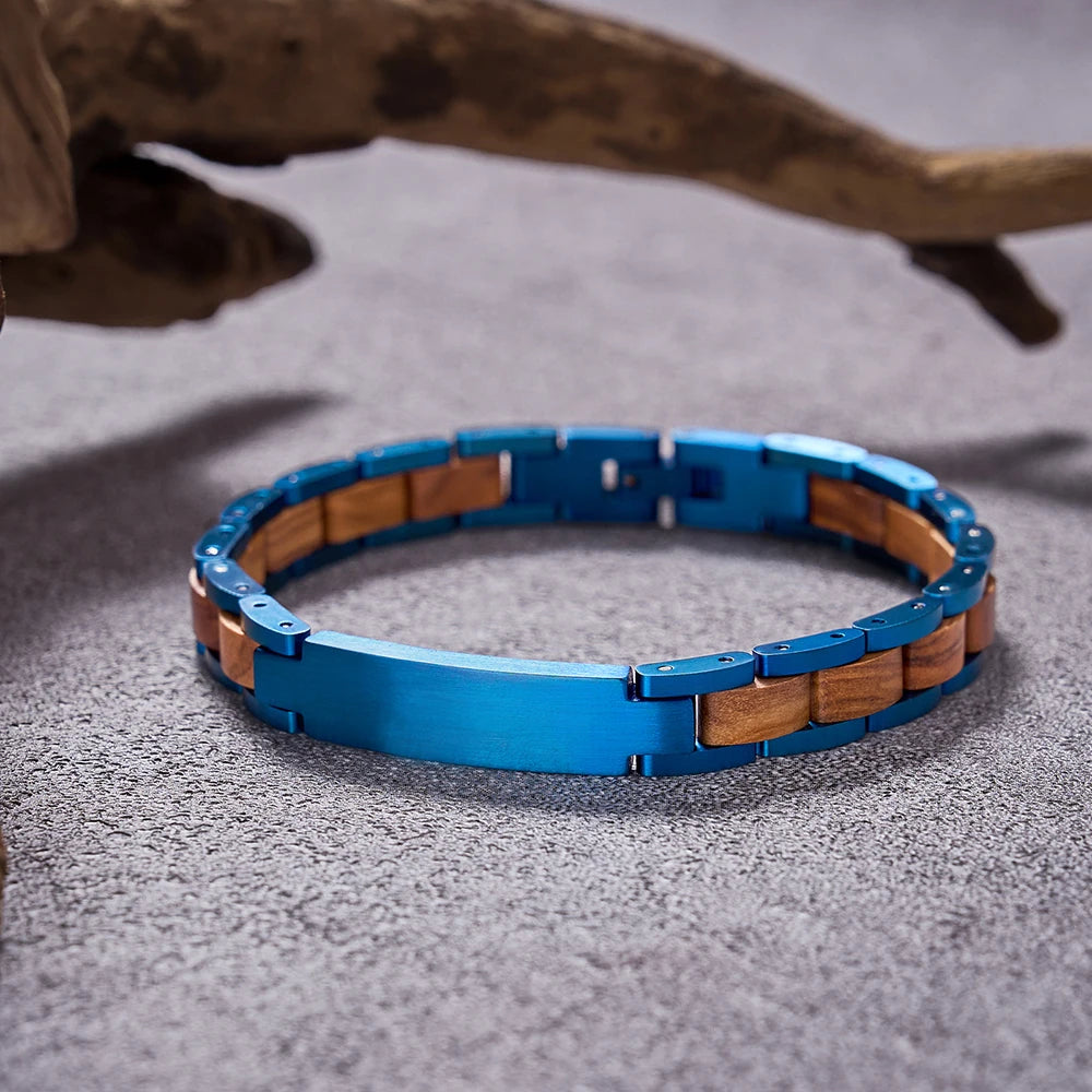 Custom Brand Logo OEM Wholesale Men Women Vintage Stainless Steel Chain & Link Eco Friendly Wood Wrist Bracelet Gift