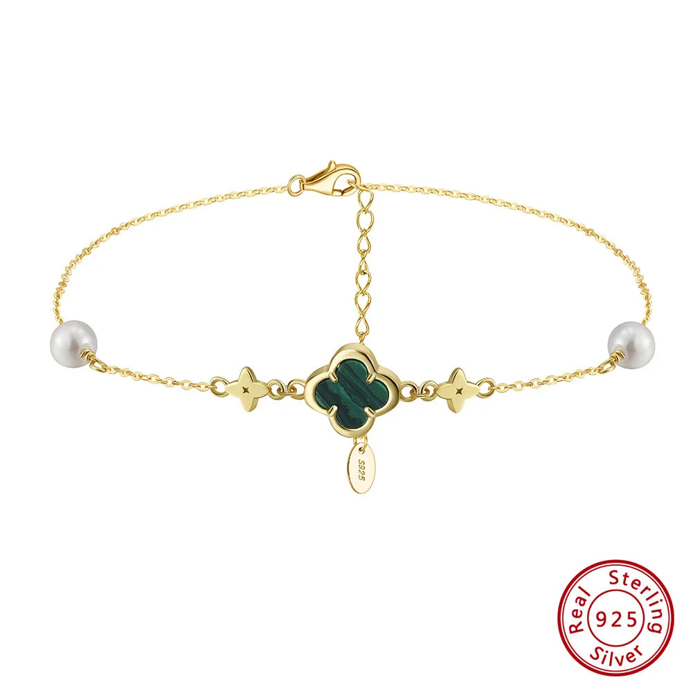 Natural Malachite Four Leaf Clover Shape with Shell Pearl 925 Sterling Silver Chain Anklet for Women