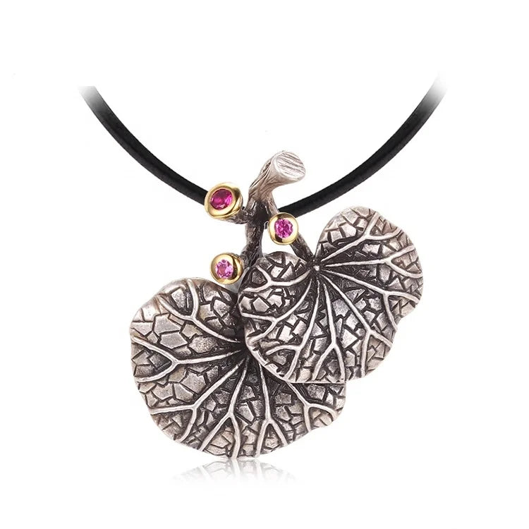 Handmade Classic Style Lotus Leaf Design 925 Sterling Silver Pendant Synthetic Red Corundum Women's Anti-Silver Plated