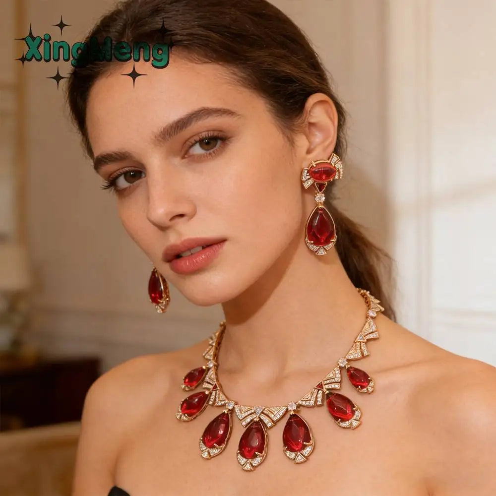 XM S162 Luxury Gold Tone Red Crystal Teardrop Jewelry Set for Women Wedding Party Formal Jewelry