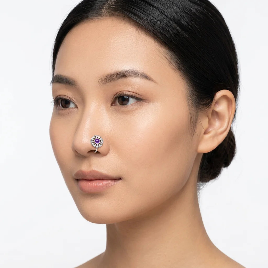 S&S 925 Silver Ethnic Flower Amethyst Nose Pin Stud | Indian Piercing Jewellery