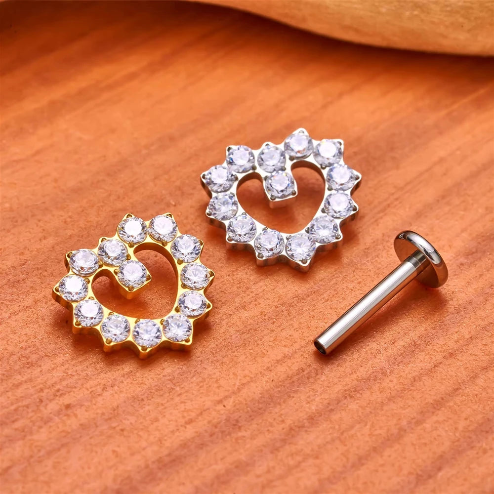 ASTM F136 Titanium 16G Internal Thread Zircon Inlay Labret Flat Back Lobe Helix Tragus Moon Cross Earrings Piercing Jewelry
