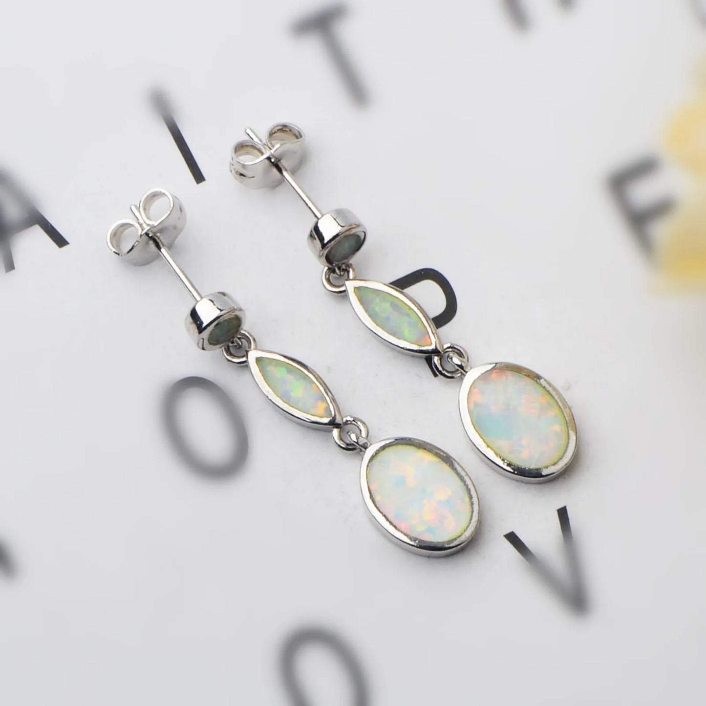 Iridescent Opal Tiered Earrings-White Fire Opal with Brass Setting | Trendy Geometric Dainty Layered Jewelry Bulk Gifts
