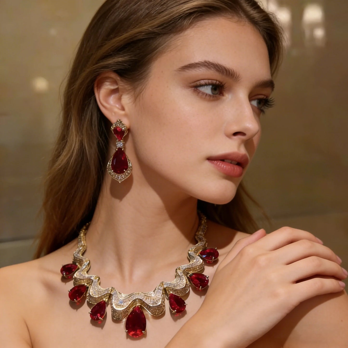 XM S211 Luxury Copper Platinum Plated Crystal Flower Necklace and Earrings Set for Women High End Jewelry for Wedding Engagement
