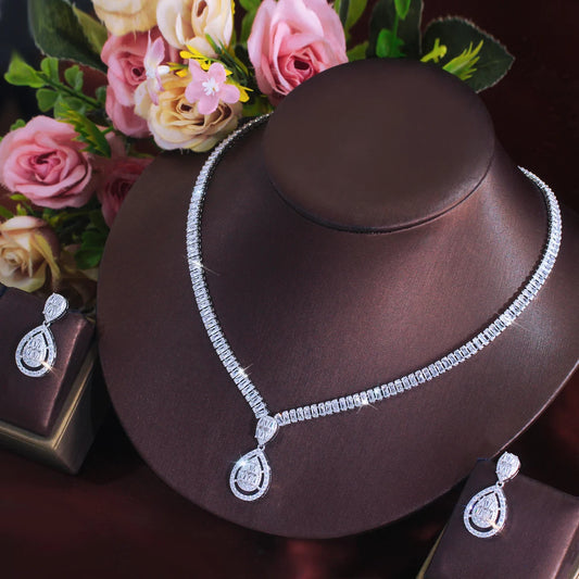 Rhodium Plated Baguette Tennis CZ Jewelry Set Cubic Zircon Drop Dangle Necklace Earrings Jewelry Set for Fiancee Engagement