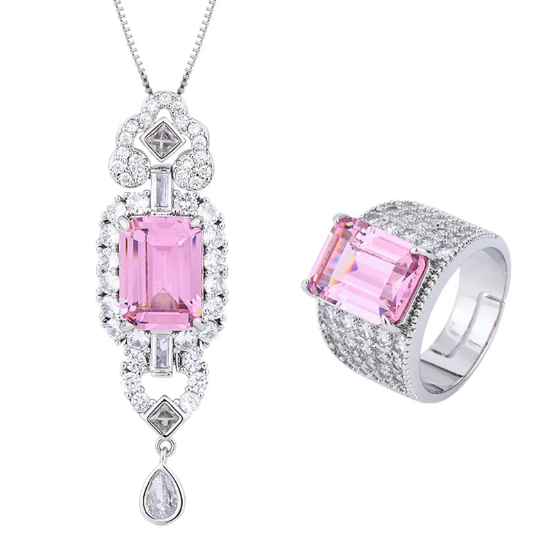 Gemfiori European and American Style High-end and Atmospheric Zircon pink Pendant Ring Set with Temperament Accessories